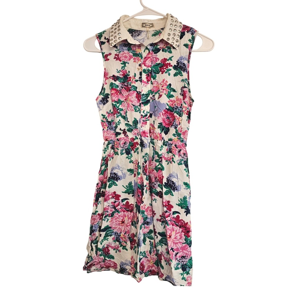 Kirra Floral Studded Collar‎ Sleeveless Button Up Shirt Dress White Pink Blue